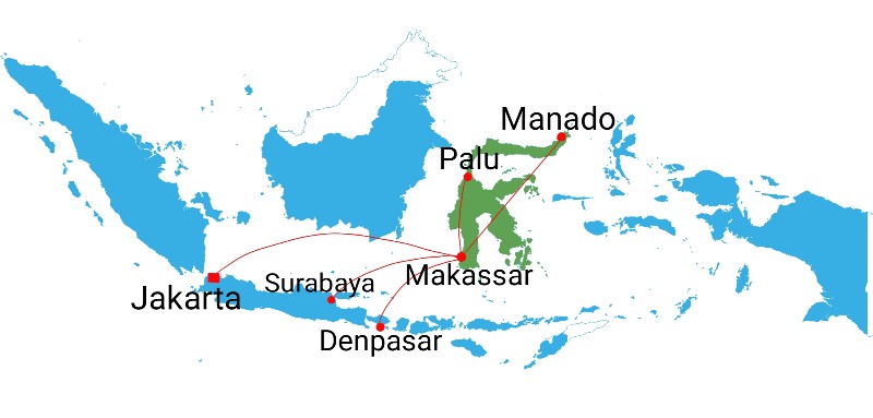 Nature tour in Sulawesi Flight Route to cities in Sulawesi island of Indonesia