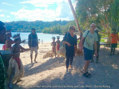 Wally and Coby, two visitors from the Netherlands, were welcomed by villagers of Yenbekaki